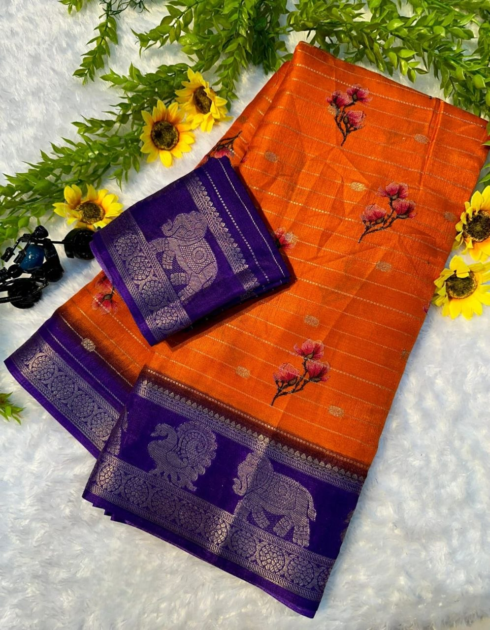 Rust Orange & Royal Purple with Elephant Temple Border and Floral Embroidery Kanchipuram Pure Silk Saree